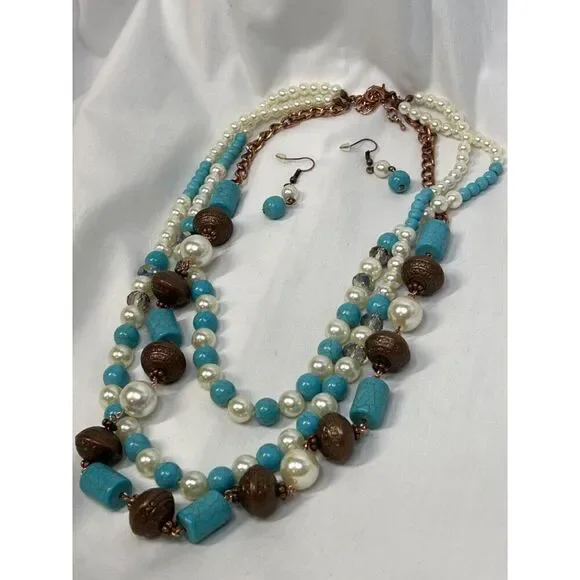 SOUTHWEST TURQUOISE PEARL FANCY Western Rodeo Cowgirl Fashion Necklace Set New - Picture 3 of 16
